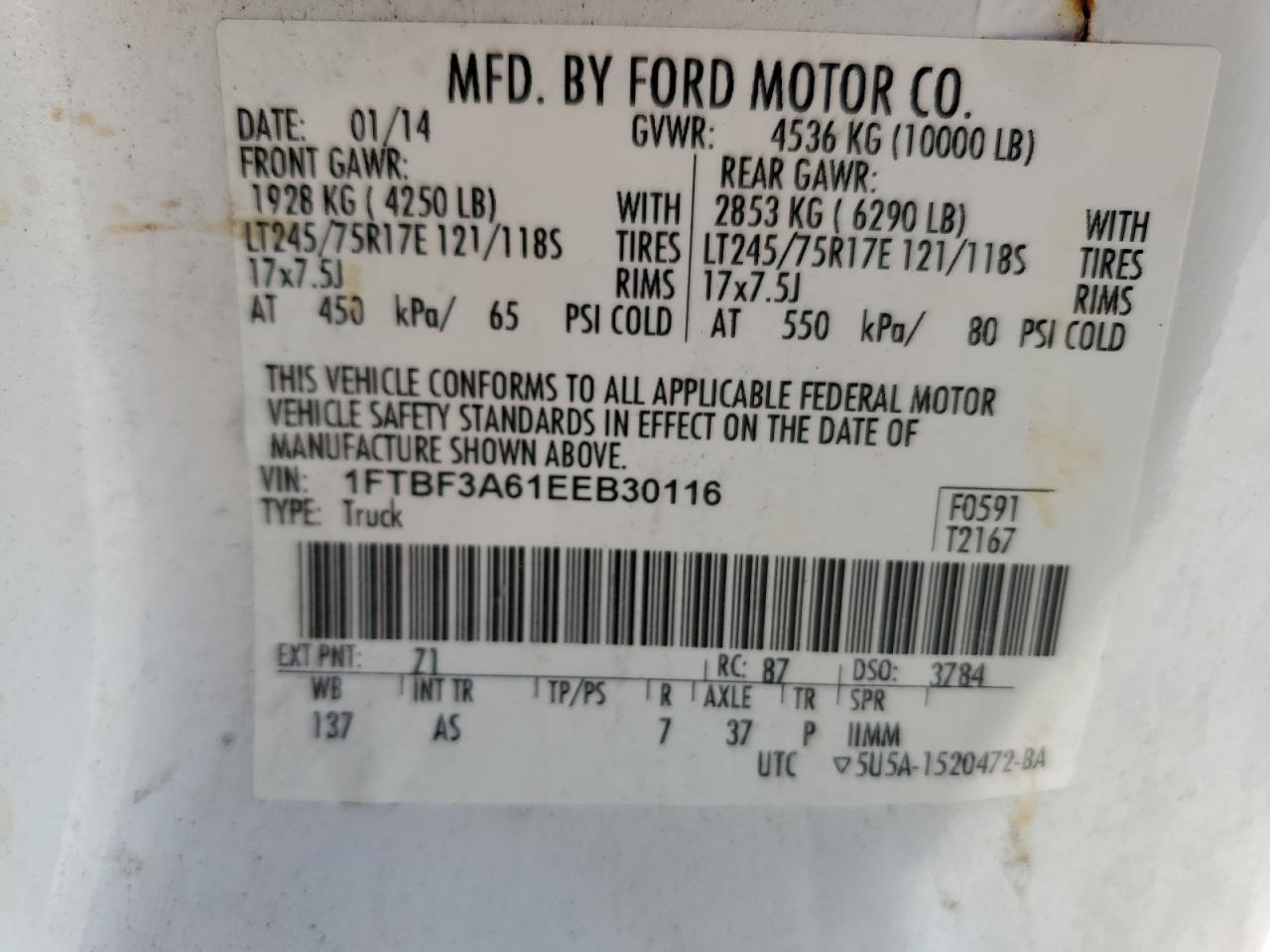 2014 Ford F350 VIN 1FTBF3A61EEB30116 Copart auction photo, rear end damage thumbnail 12