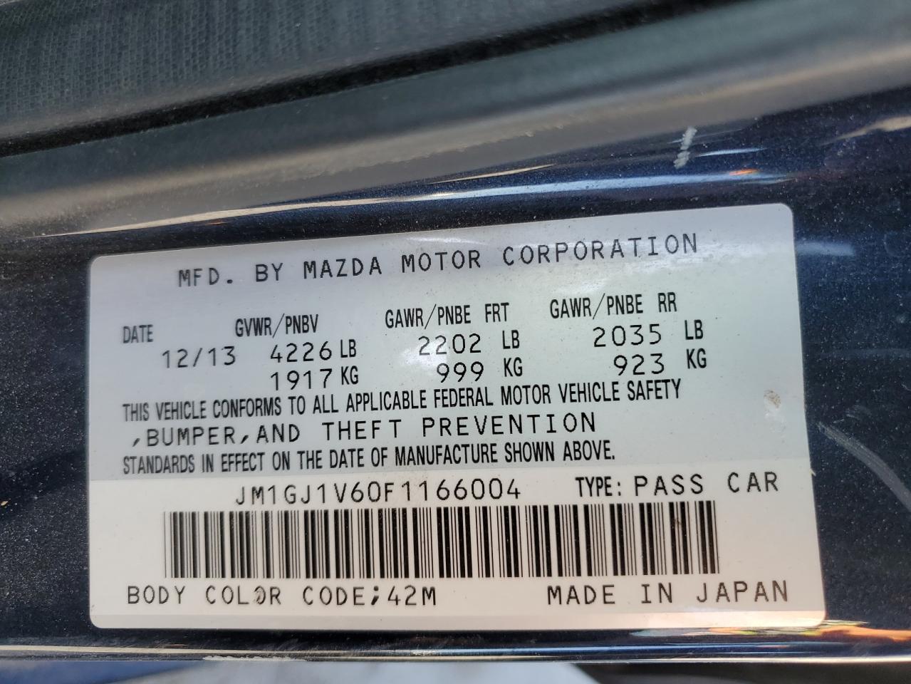 2015 Mazda 6 VIN JM1GJ1V60F1166004 Copart auction photo, rear end damage thumbnail 12