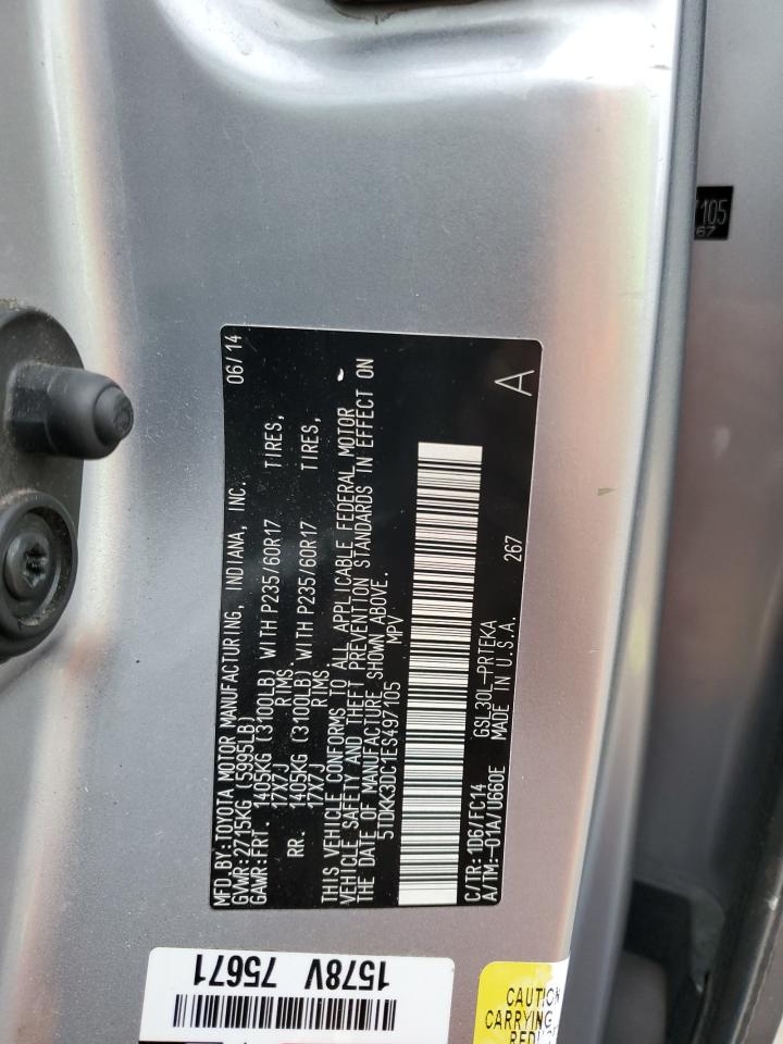 2014 Toyota Sienna VIN 5TDKK3DC1ES497105 Copart auction photo, rear end damage thumbnail 16