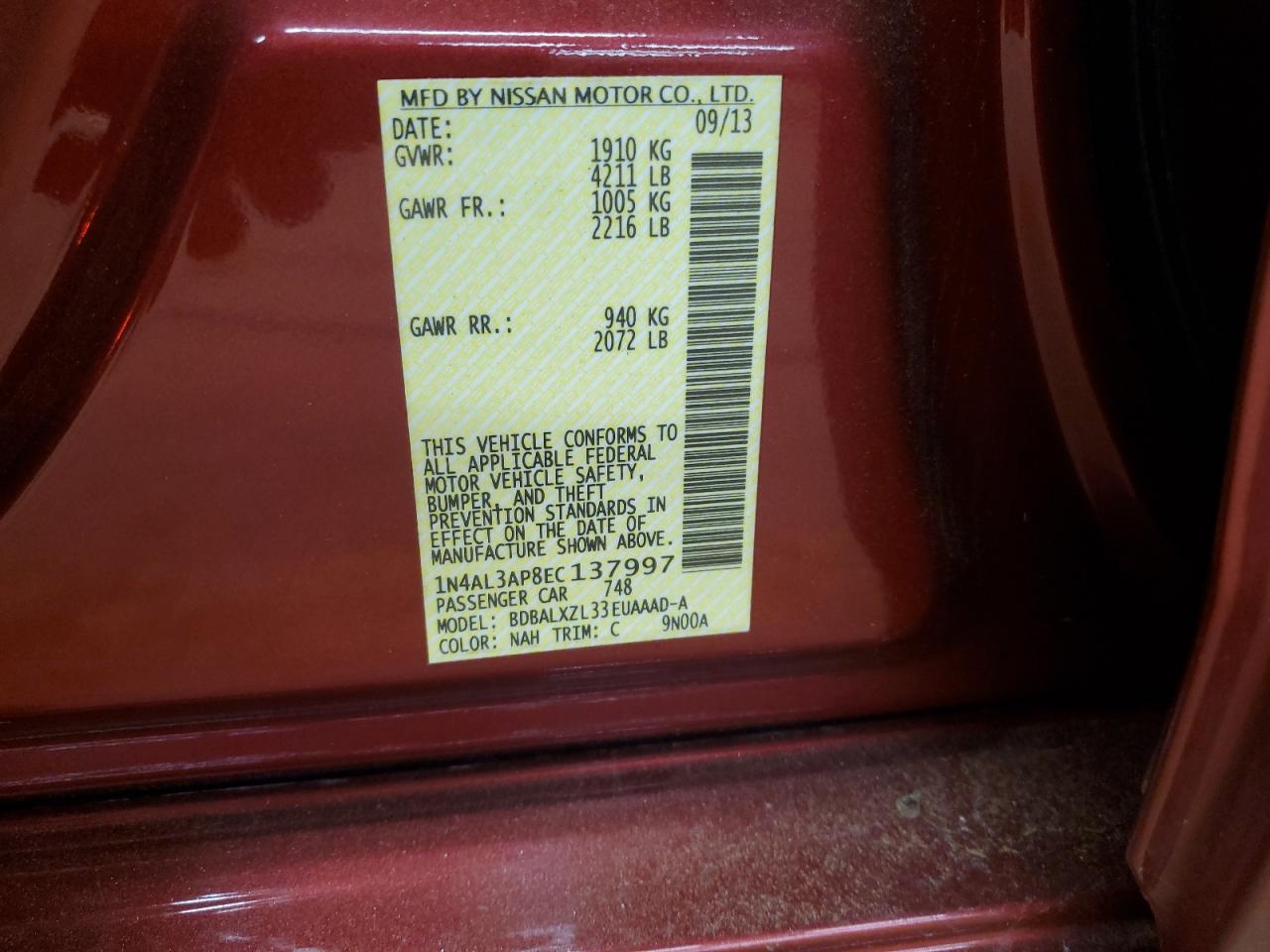 2014 Nissan Altima VIN 1N4AL3AP8EC137997 Copart auction photo, front end damage thumbnail 12