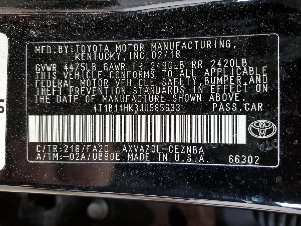 2018 Toyota Camry VIN 4T1B11HK3JU585633 Copart auction photo, rear end / front end damage thumbnail 13