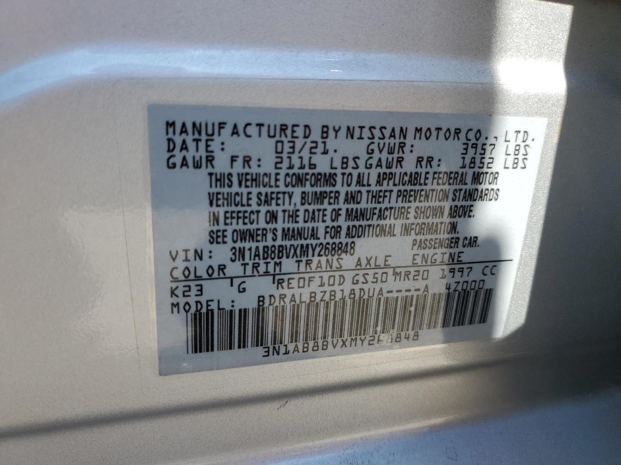 2021 Nissan Sentra VIN 3N1AB8BVXMY268848 Copart auction photo, front end damage thumbnail 18