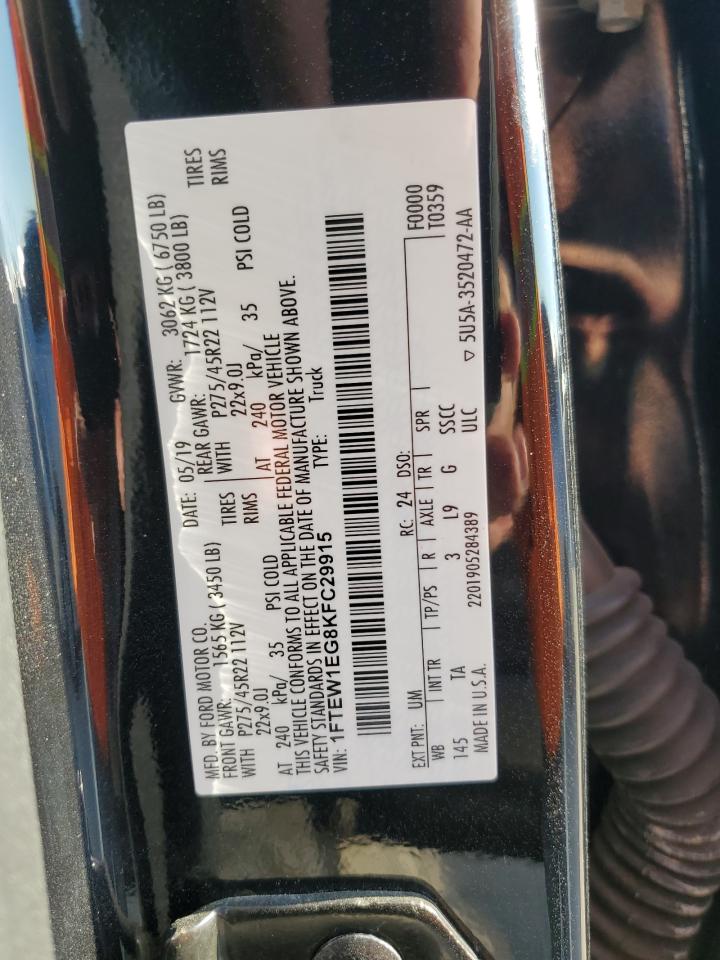 2019 Ford F-150 VIN 1FTEW1EG8KFC29915 Copart auction photo, water/flood damage thumbnail 13
