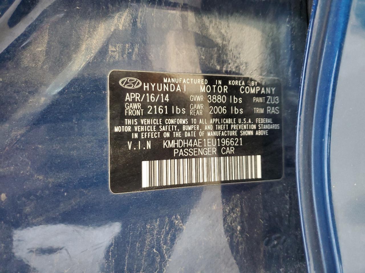2014 Hyundai Elantra VIN KMHDH4AE1EU196621 Copart auction photo, rear end damage thumbnail 12