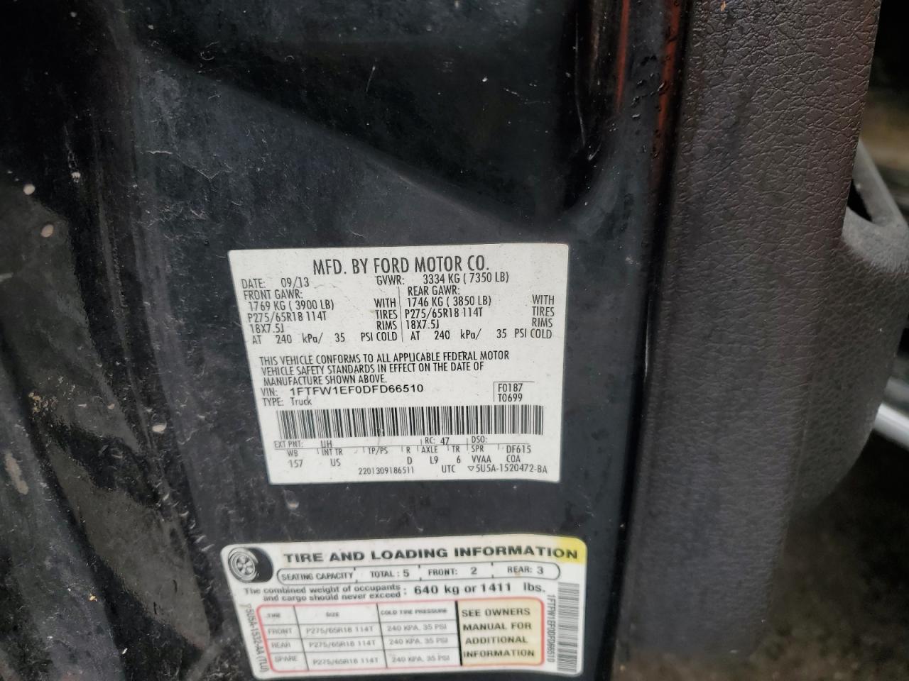 2013 Ford F-150 VIN 1FTFW1EF0DFD66510 Copart auction photo, rear end damage thumbnail 13