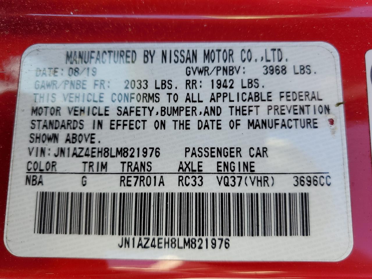 2020 Nissan 370Z VIN JN1AZ4EH8LM821976 Copart auction photo, front end / side damage thumbnail 13