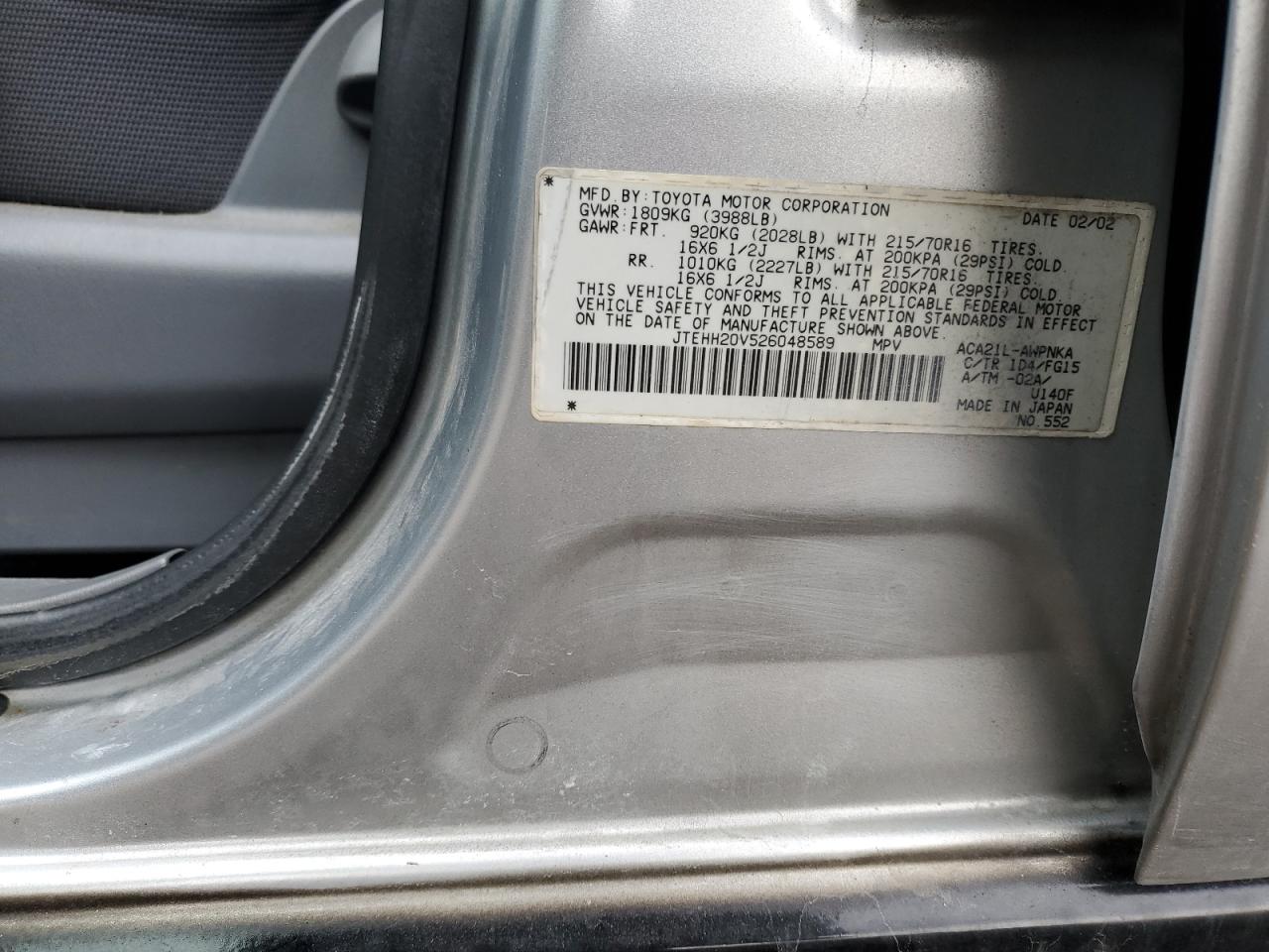 2002 Toyota RAV 4 VIN JTEHH20V526048589 Copart auction photo, side damage thumbnail 13