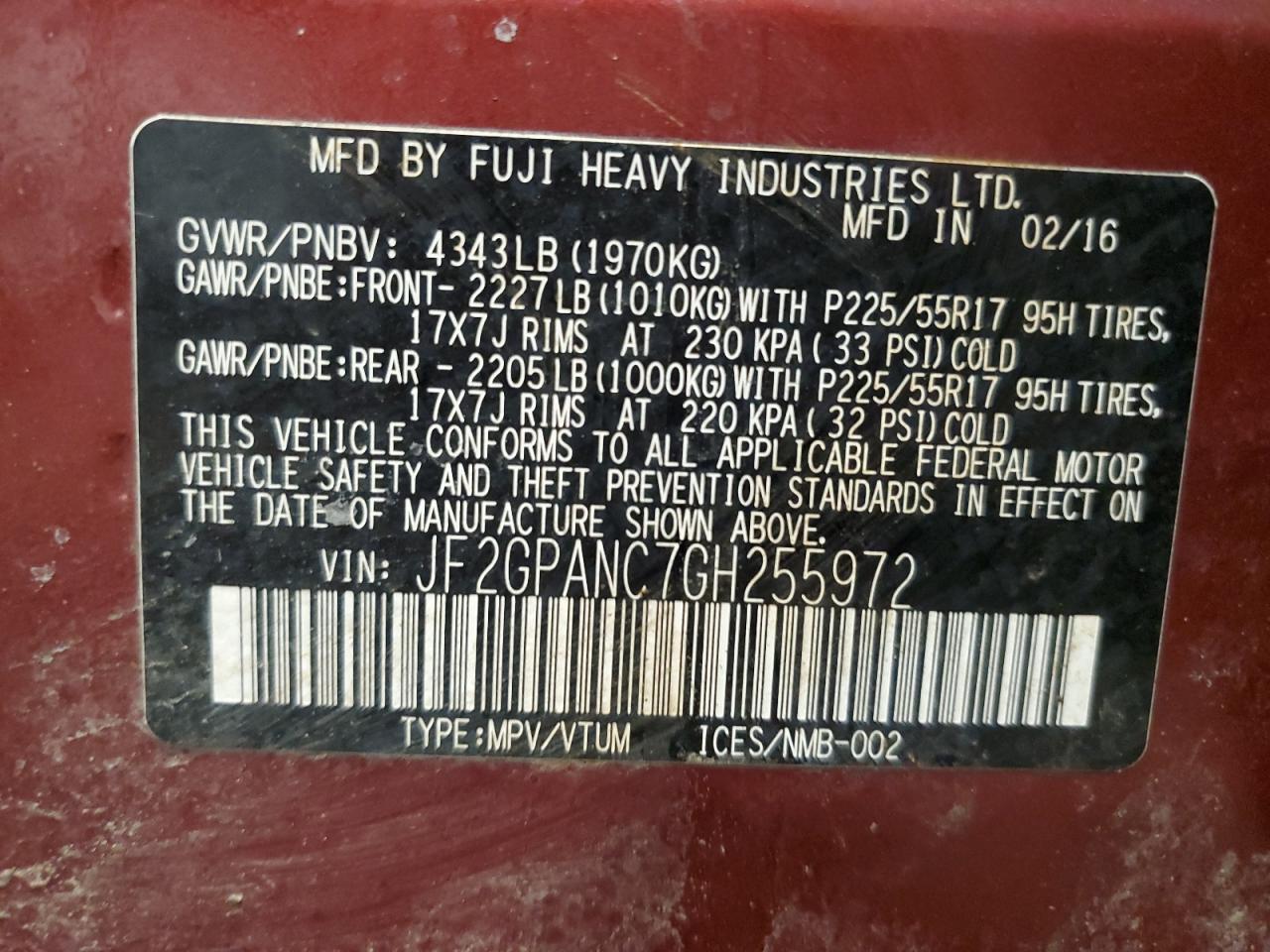 2016 Subaru XV VIN JF2GPANC7GH255972 Copart auction photo, front end / minor dent/scratches damage thumbnail 15