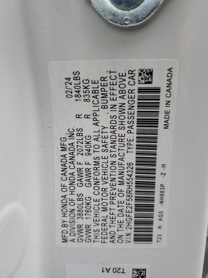 2024 Honda Civic VIN 2HGFE2F58RH554326 Copart auction photo, front end / side damage thumbnail 14