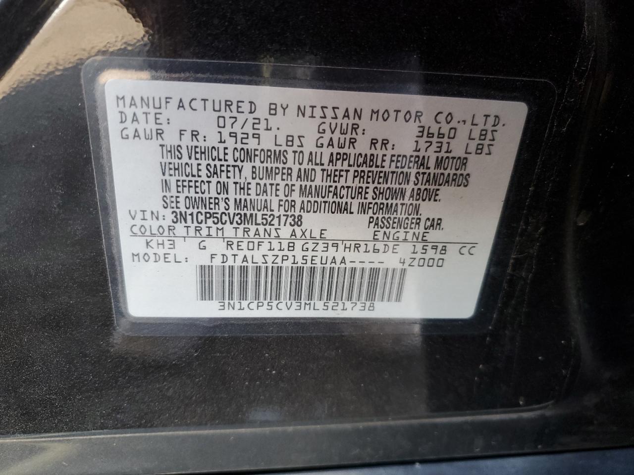 2021 Nissan Kicks VIN 3N1CP5CV3ML521738 Copart auction photo, front end / undercarriage damage thumbnail 13
