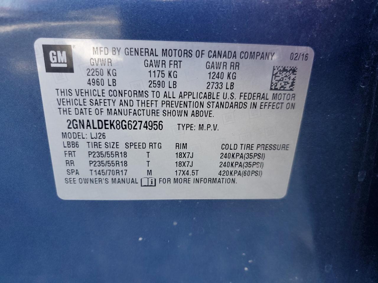 2016 Chevrolet Equinox VIN 2GNALDEK8G6274956 Copart auction photo, mechanical / normal wear damage thumbnail 13