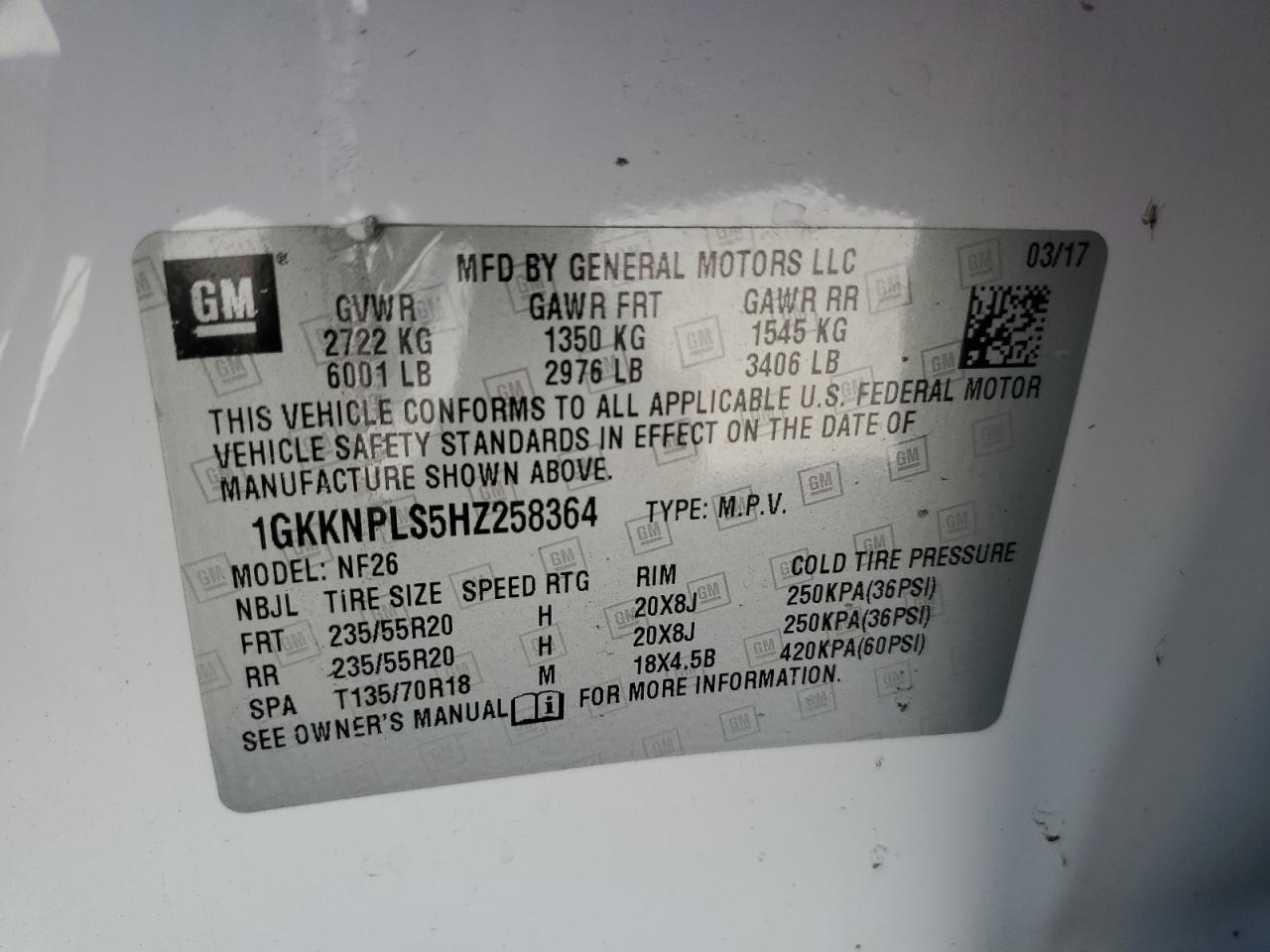 2017 GMC Acadia VIN 1GKKNPLS5HZ258364 Copart auction photo, side / front end damage thumbnail 13