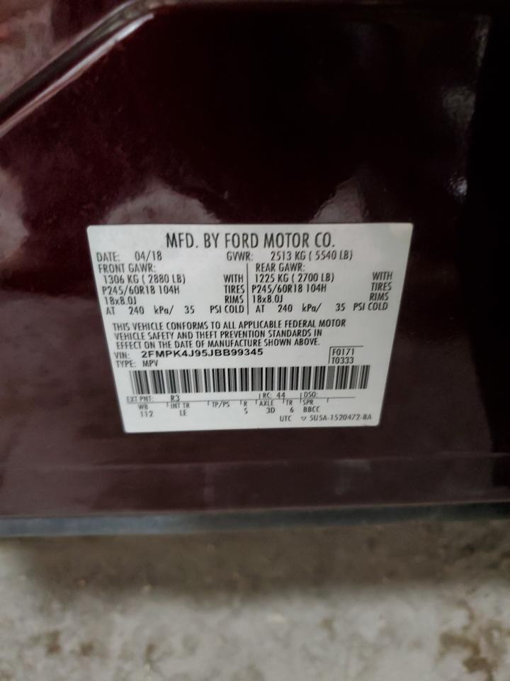 2018 Ford Edge VIN 2FMPK4J95JBB99345 Copart auction photo, front end damage thumbnail 14