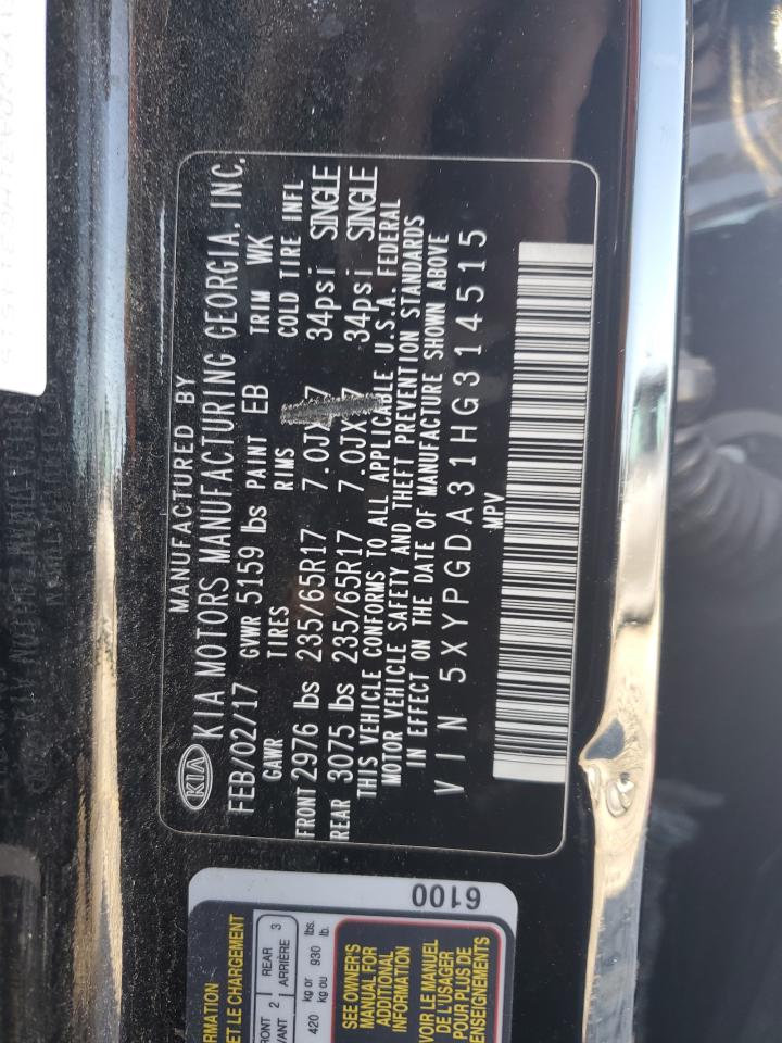 2017 KIA Sorento VIN 5XYPGDA31HG314515 Copart auction photo, front end / rear end damage thumbnail 13