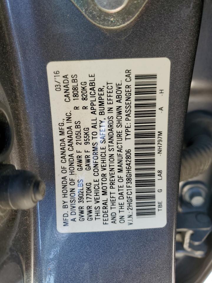2016 Honda Civic VIN 2HGFC1F38GH642806 Copart auction photo, front end / side damage thumbnail 12