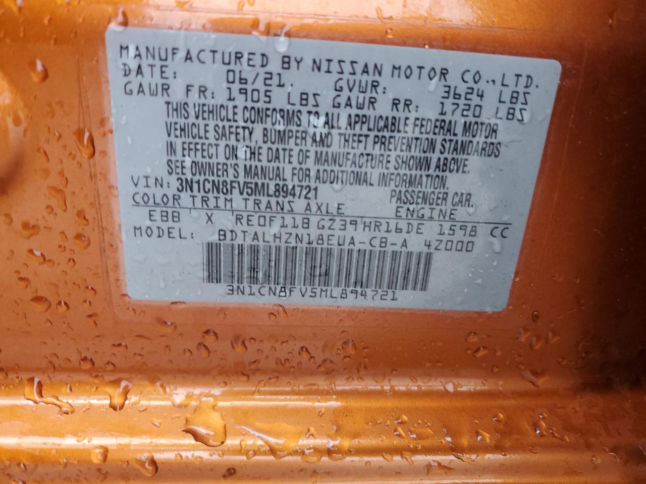 2021 Nissan Versa VIN 3N1CN8FV5ML894721 Copart auction photo, front end / side damage thumbnail 14
