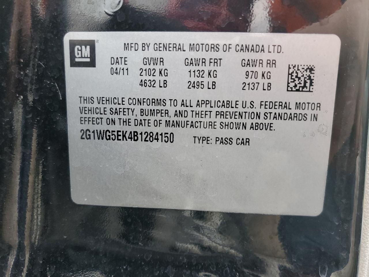 2011 Chevrolet Impala VIN 2G1WG5EK4B1284150 Copart auction photo, front end damage thumbnail 14
