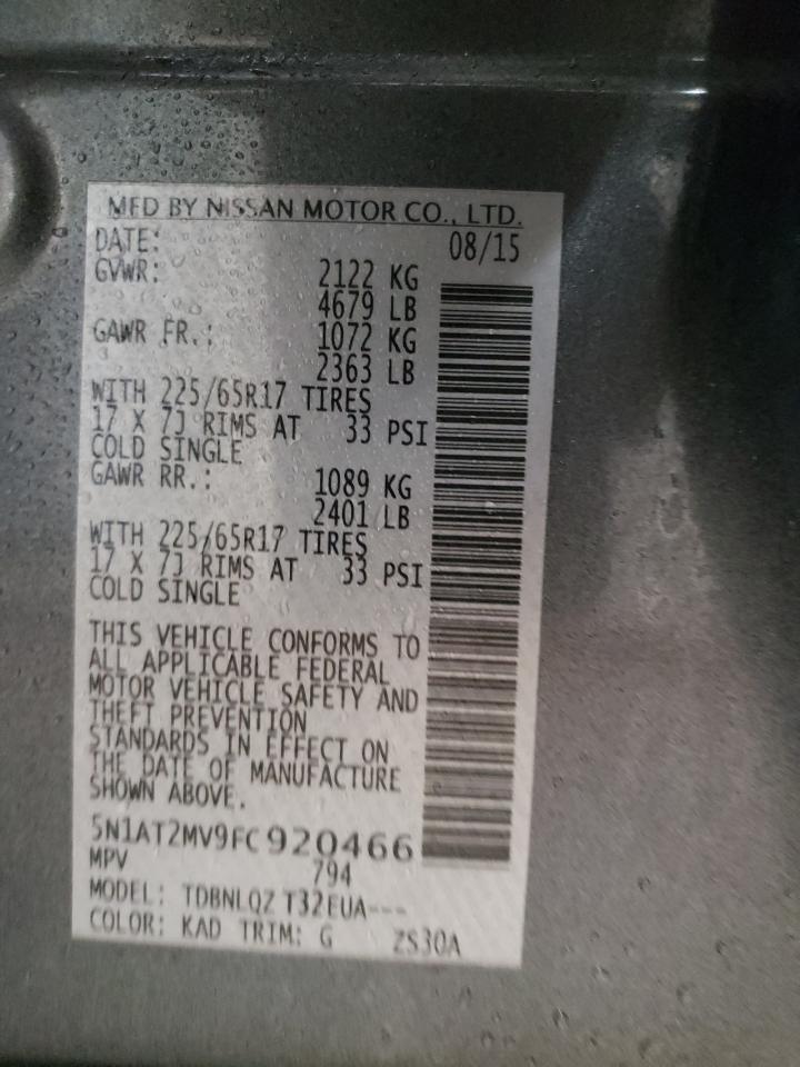 2015 Nissan Rogue VIN 5N1AT2MV9FC920466 Copart auction photo, front end damage thumbnail 13
