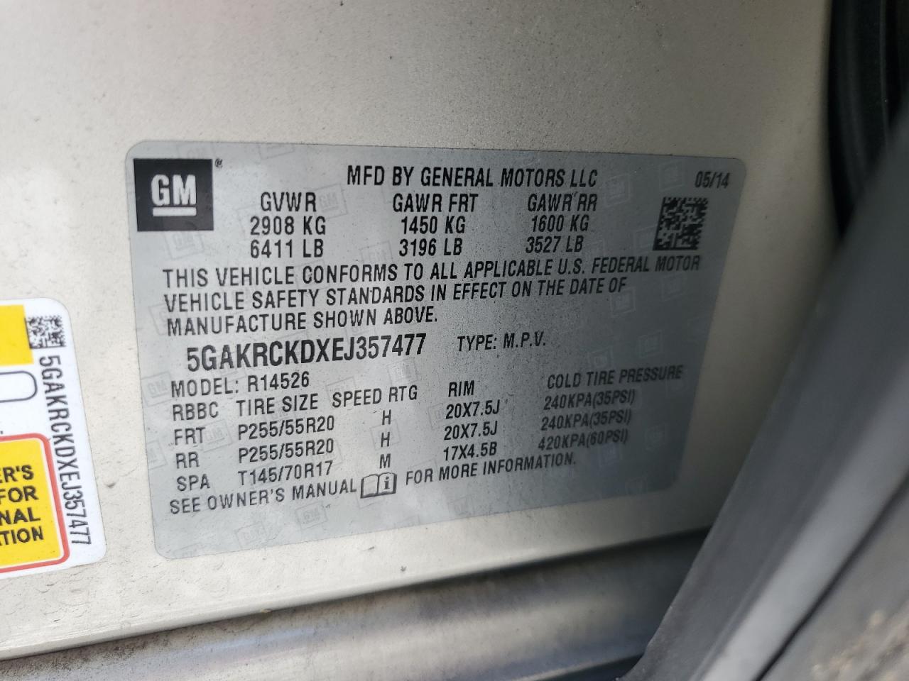 2014 Buick Enclave VIN 5GAKRCKDXEJ357477 Copart auction photo, rear end damage thumbnail 13