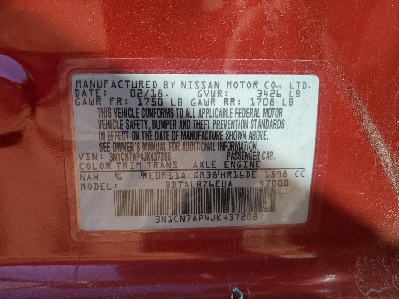 2018 Nissan Versa VIN 3N1CN7AP4JK437208 Copart auction photo, side damage thumbnail 14