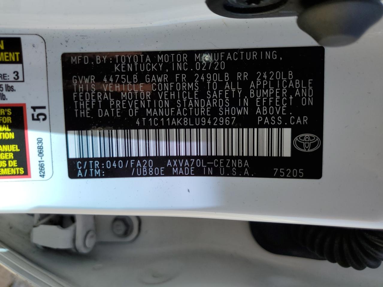 2020 Toyota Camry VIN 4T1C11AK8LU942967 Copart auction photo, rear end / front end damage thumbnail 15