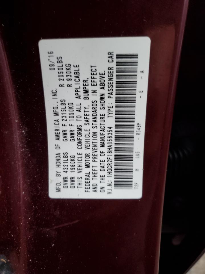 2017 Honda Accord VIN 1HGCR2F18HA056354 Copart auction photo, front end damage thumbnail 12