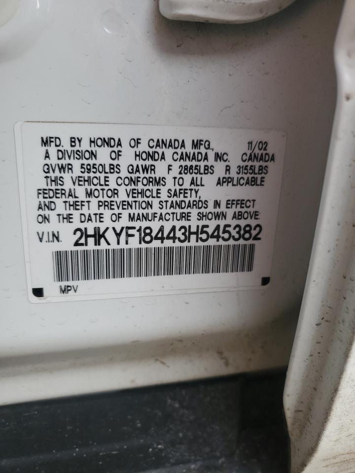 2003 Honda Pilot VIN 2HKYF18443H545382 Copart auction photo, front end damage thumbnail 13