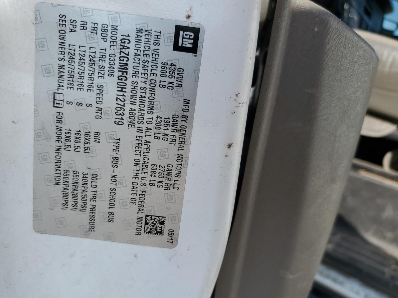 2017 Chevrolet Express VIN 1GAZGMFG0H1276319 Copart auction photo, rear end / normal wear damage thumbnail 13