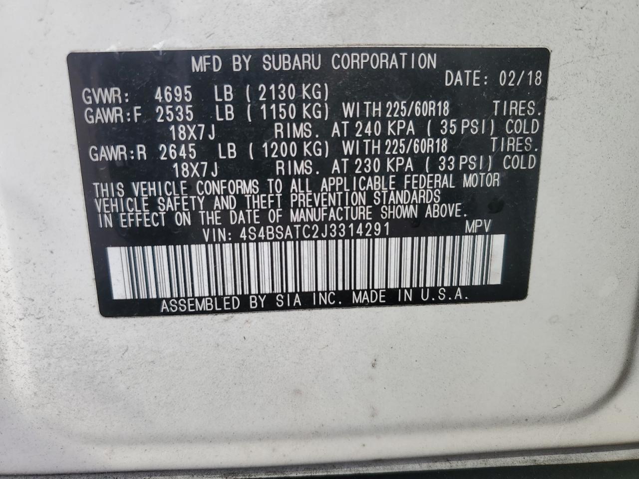 2018 Subaru Outback VIN 4S4BSATC2J3314291 Copart auction photo, front end damage thumbnail 12