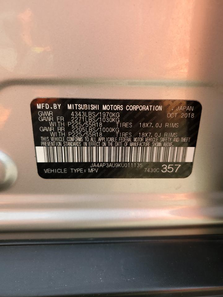 2019 Mitsubishi Outlander VIN JA4AP3AU9KU011135 Copart auction photo, rear end / side damage thumbnail 14