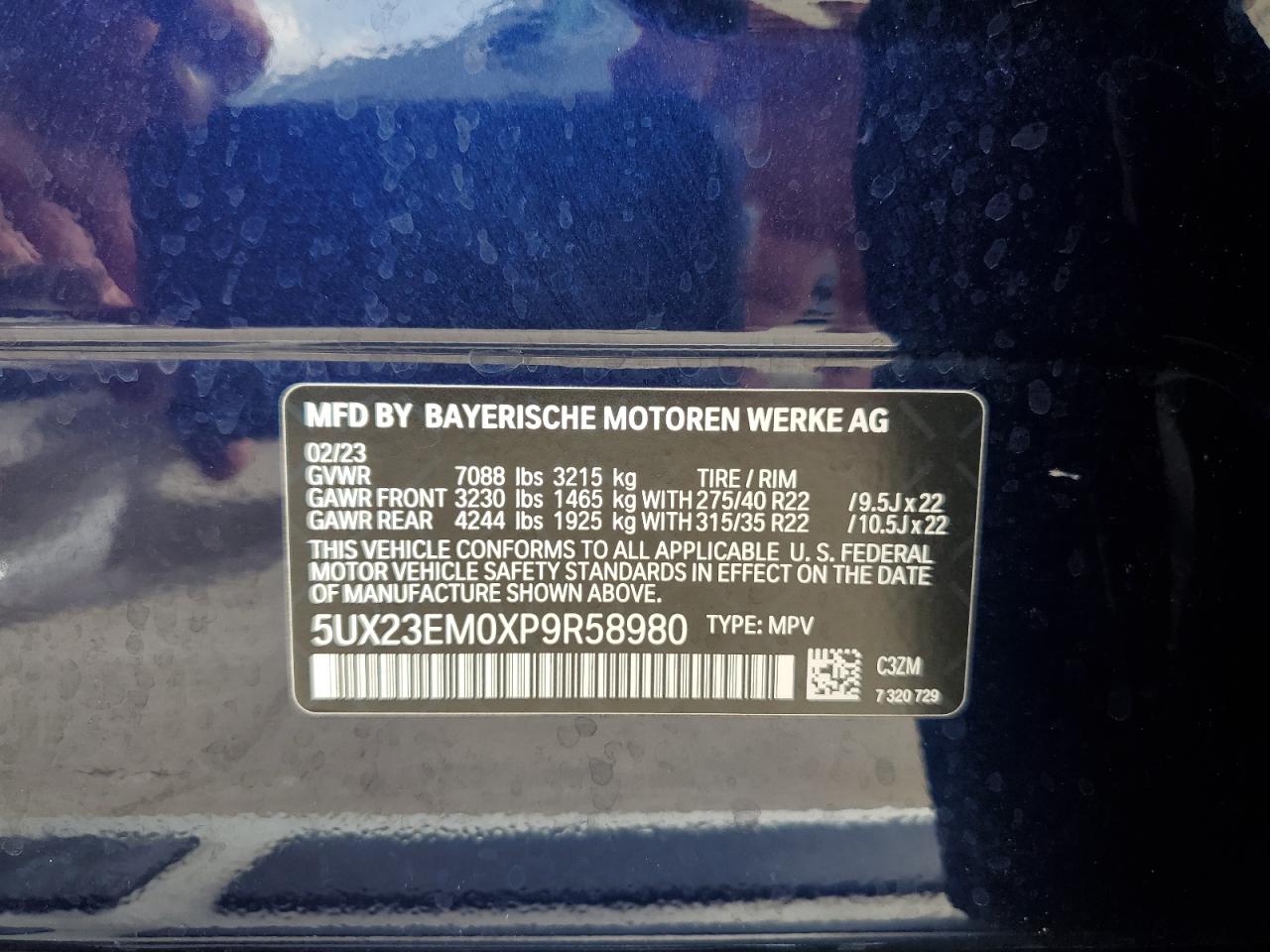 2023 BMW X7 VIN 5UX23EM0XP9R58980 Copart auction photo, water/flood damage thumbnail 14