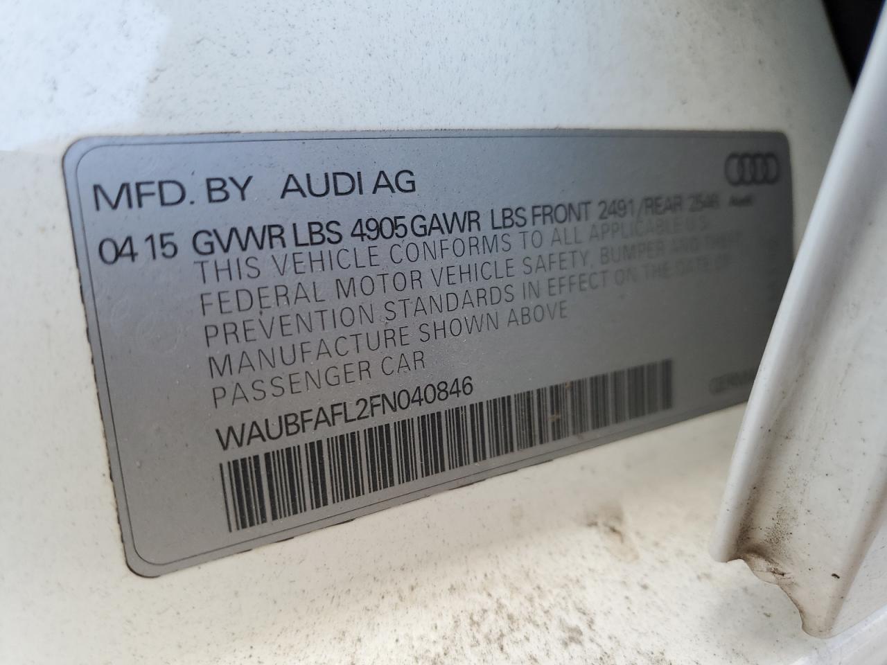 2015 Audi A4 VIN WAUBFAFL2FN040846 Copart auction photo, side damage thumbnail 12