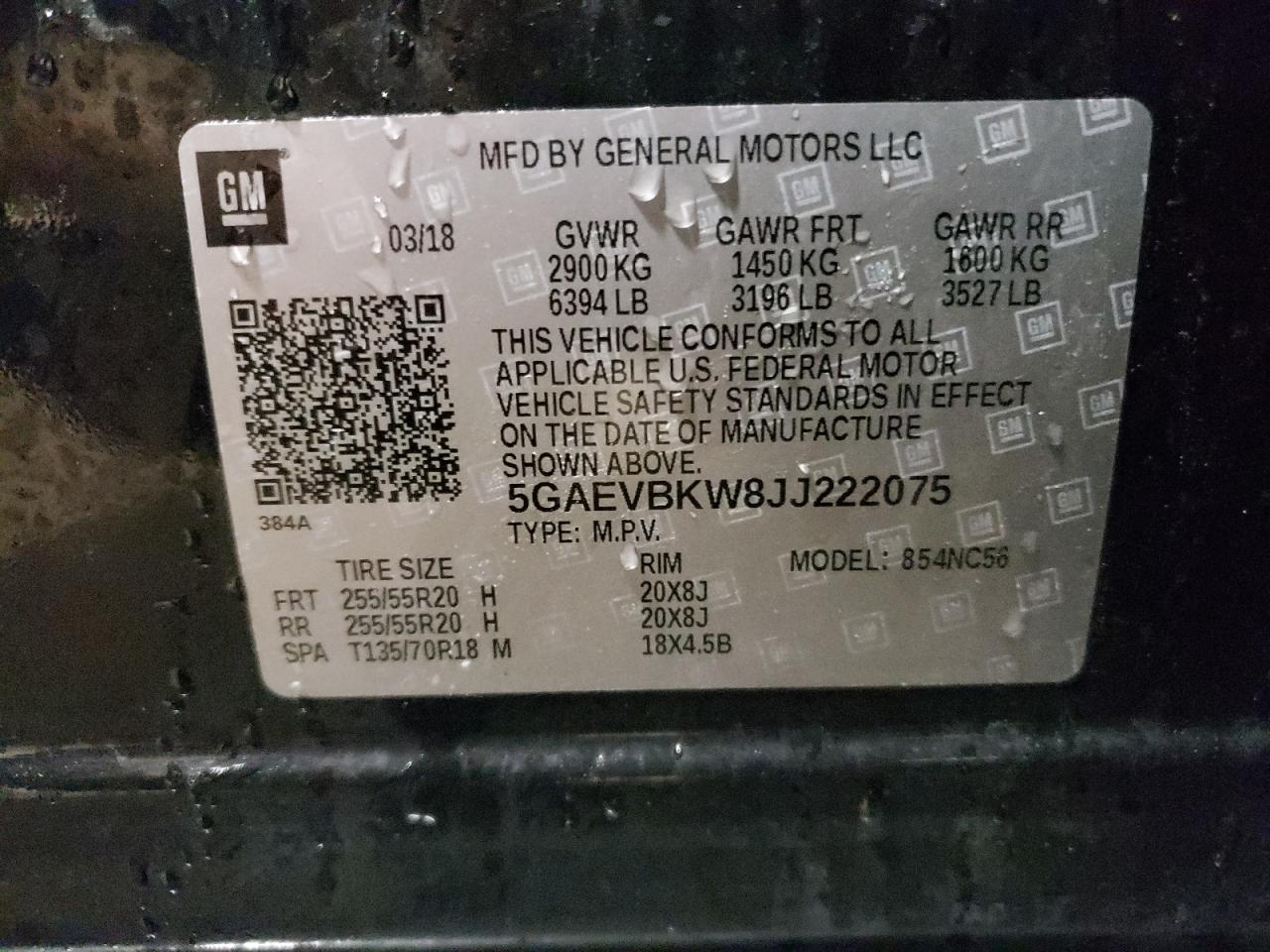 2018 Buick Enclave VIN 5GAEVBKW8JJ222075 Copart auction photo, front end / rear end damage thumbnail 13