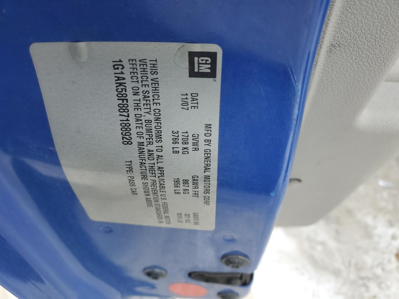 2008 Chevrolet Cobalt VIN 1G1AK58F887188928 Copart auction photo, front end damage thumbnail 12