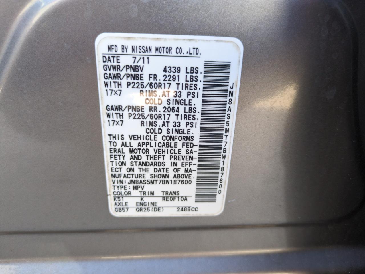 2011 Nissan Rogue VIN JN8AS5MT7BW187600 Copart auction photo, water/flood damage thumbnail 14
