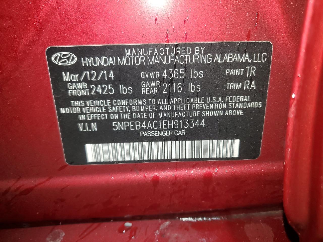 2014 Hyundai Sonata VIN 5NPEB4AC1EH913344 Copart auction photo, side damage thumbnail 13