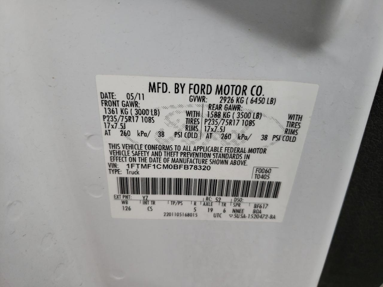 2011 Ford F-150 VIN 1FTMF1CM0BFB78320 Copart auction photo, front end damage thumbnail 12