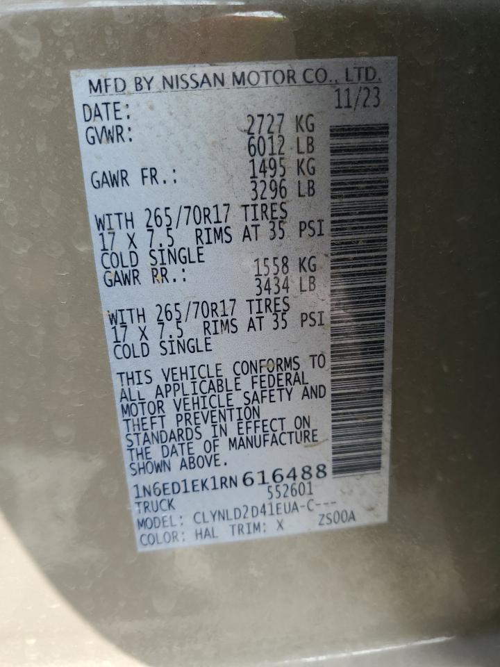 2024 Nissan Navara (Frontier) VIN 1N6ED1EK1RN616488 Copart auction photo, rear end / side damage thumbnail 12