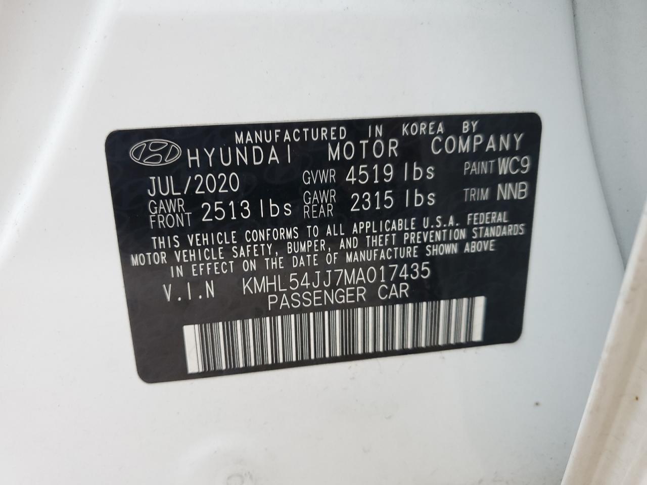 2021 Hyundai Sonata VIN KMHL54JJ7MA017435 Copart auction photo, water/flood damage thumbnail 13