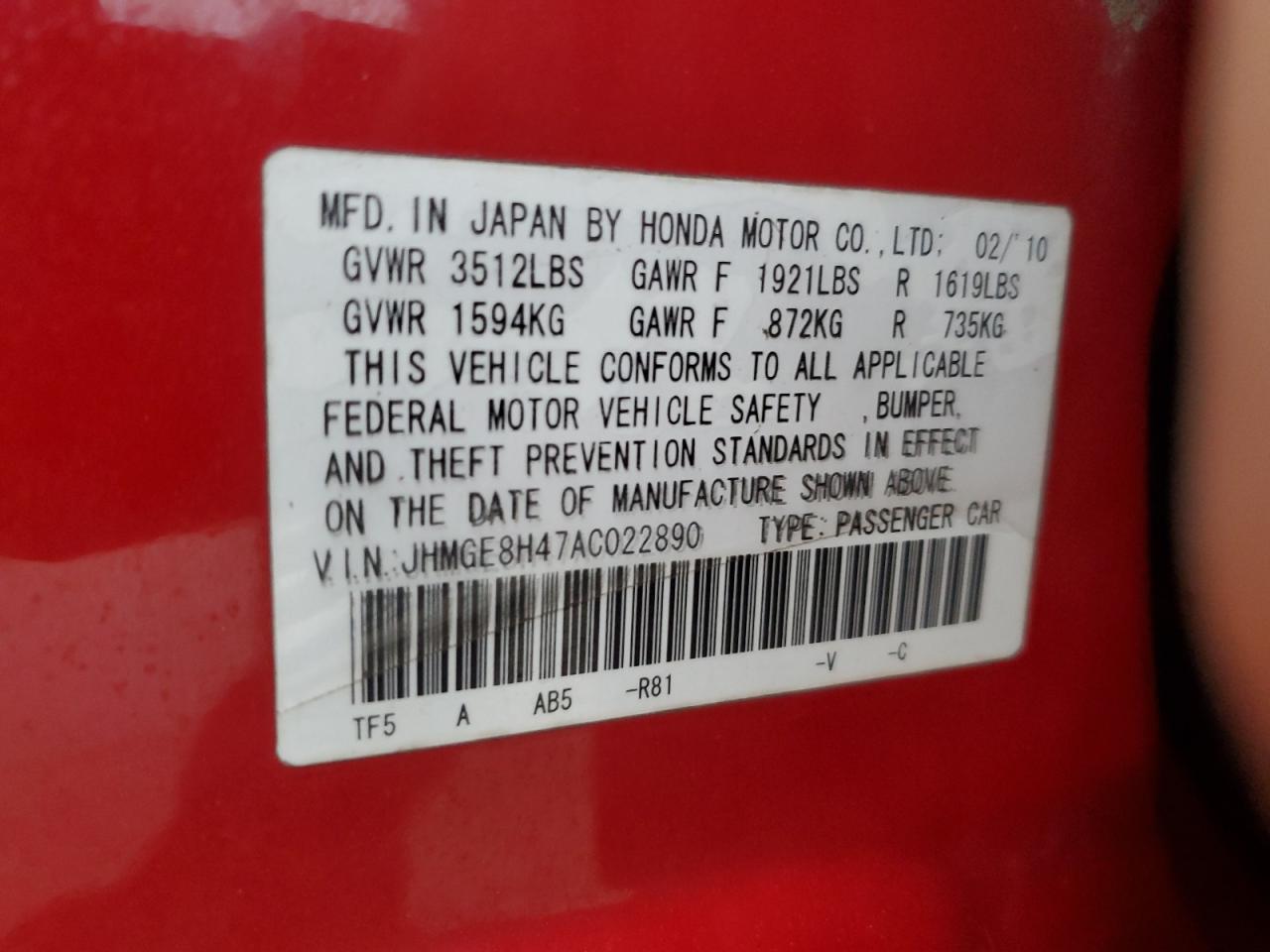 2010 Honda Fit VIN JHMGE8H47AC022890 Copart auction photo, rear end / damage history damage thumbnail 12