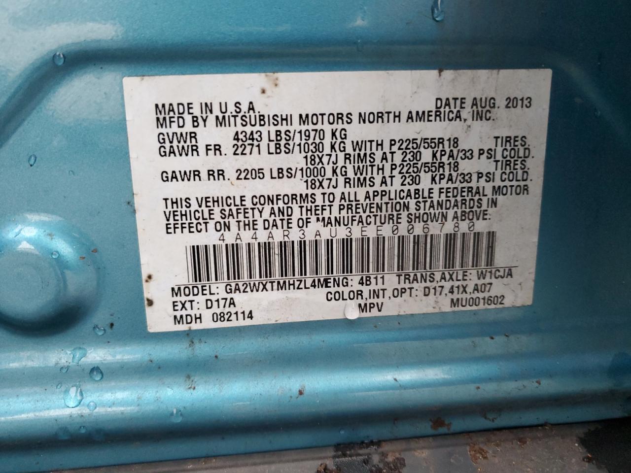 2014 Mitsubishi Outlander VIN 4A4AR3AU3EE006780 Copart auction photo, front end damage thumbnail 15