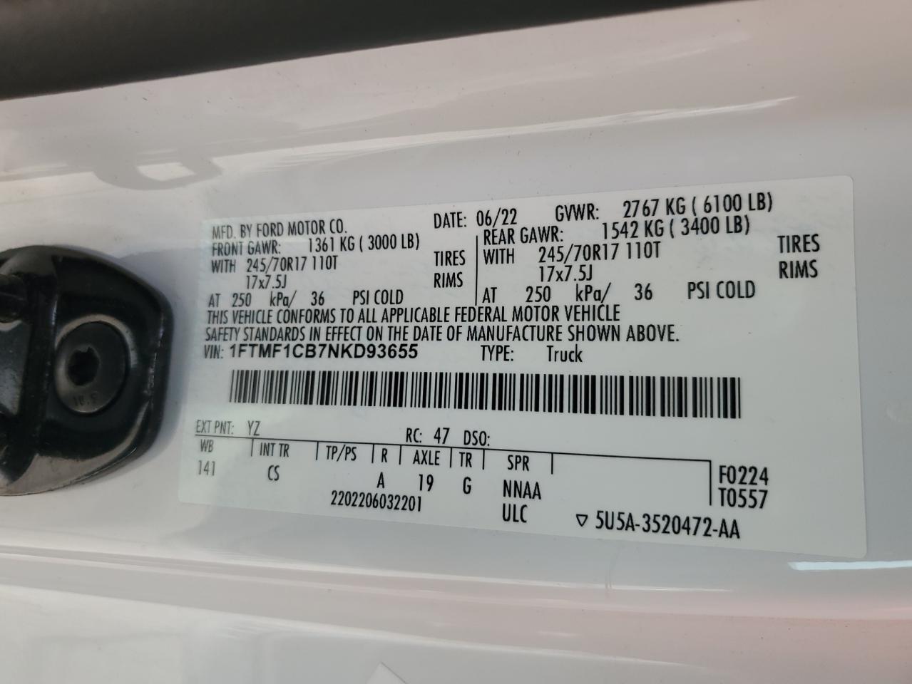 2022 Ford F-150 VIN 1FTMF1CB7NKD93655 Copart auction photo, rear end / undercarriage damage thumbnail 12