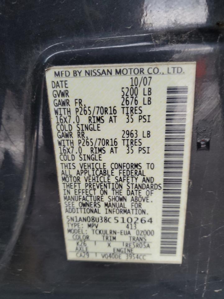 2008 Nissan XTerra VIN 5N1AN08U38C510264 Copart auction photo, side damage thumbnail 13