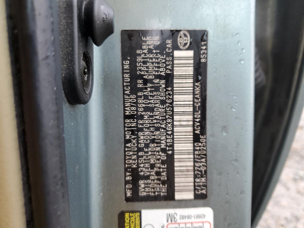 2007 Toyota Camry VIN 4T1BE46K87U576234 Copart auction photo, rear end / side damage thumbnail 12