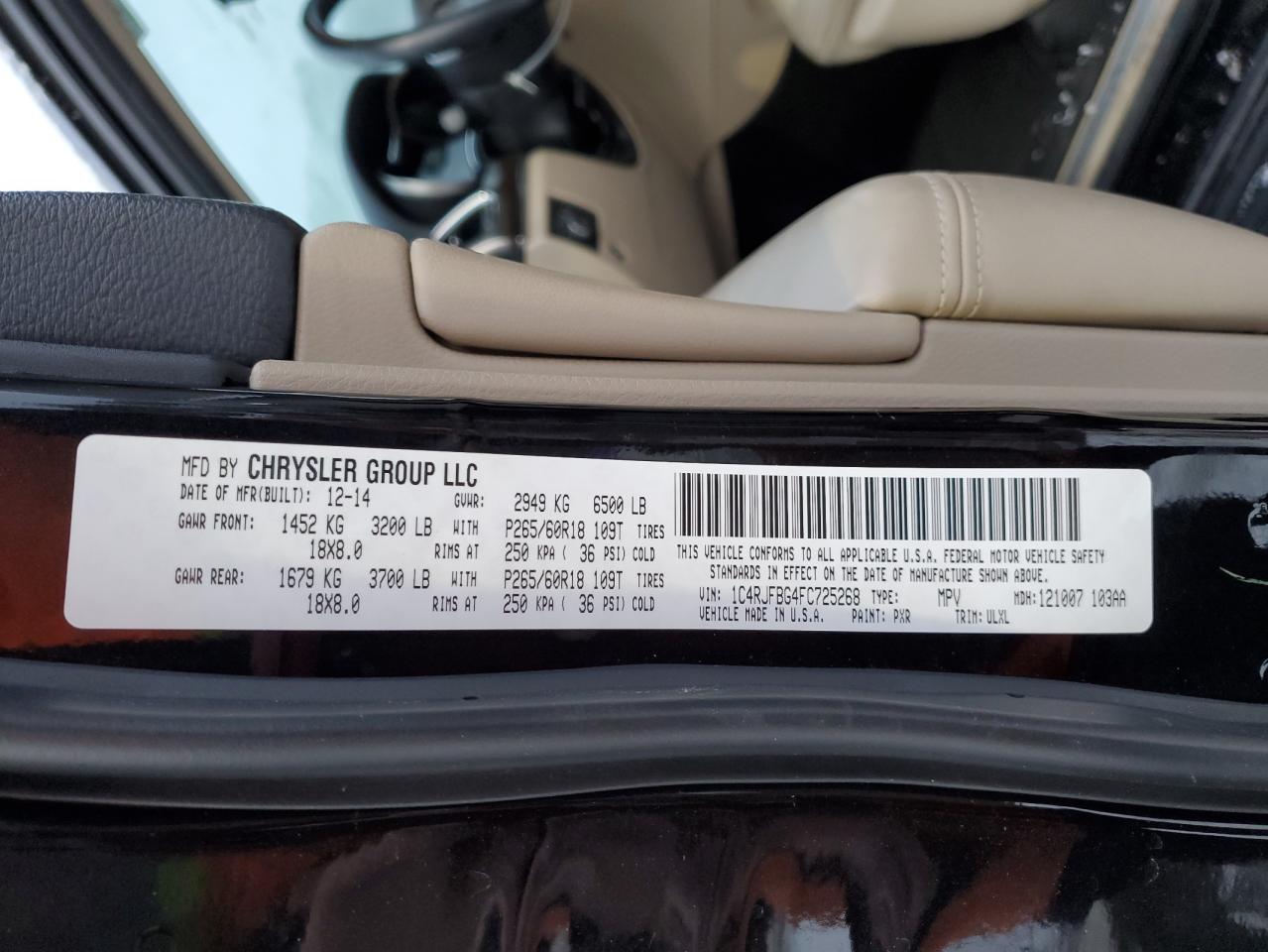 2015 Jeep Grand Cherokee VIN 1C4RJFBG4FC725268 Copart auction photo, front end / minor dent/scratches damage thumbnail 13