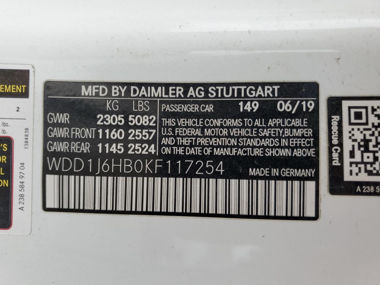 2019 Mercedes-Benz E-klasse VIN WDD1J6HB0KF117254 Copart auction photo, stripped damage thumbnail 13