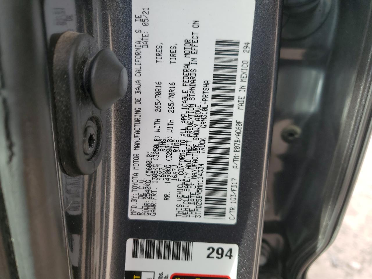 2021 Toyota Tacoma VIN 3TMDZ5BN5MM114334 Copart auction photo, front end / rear end damage thumbnail 13