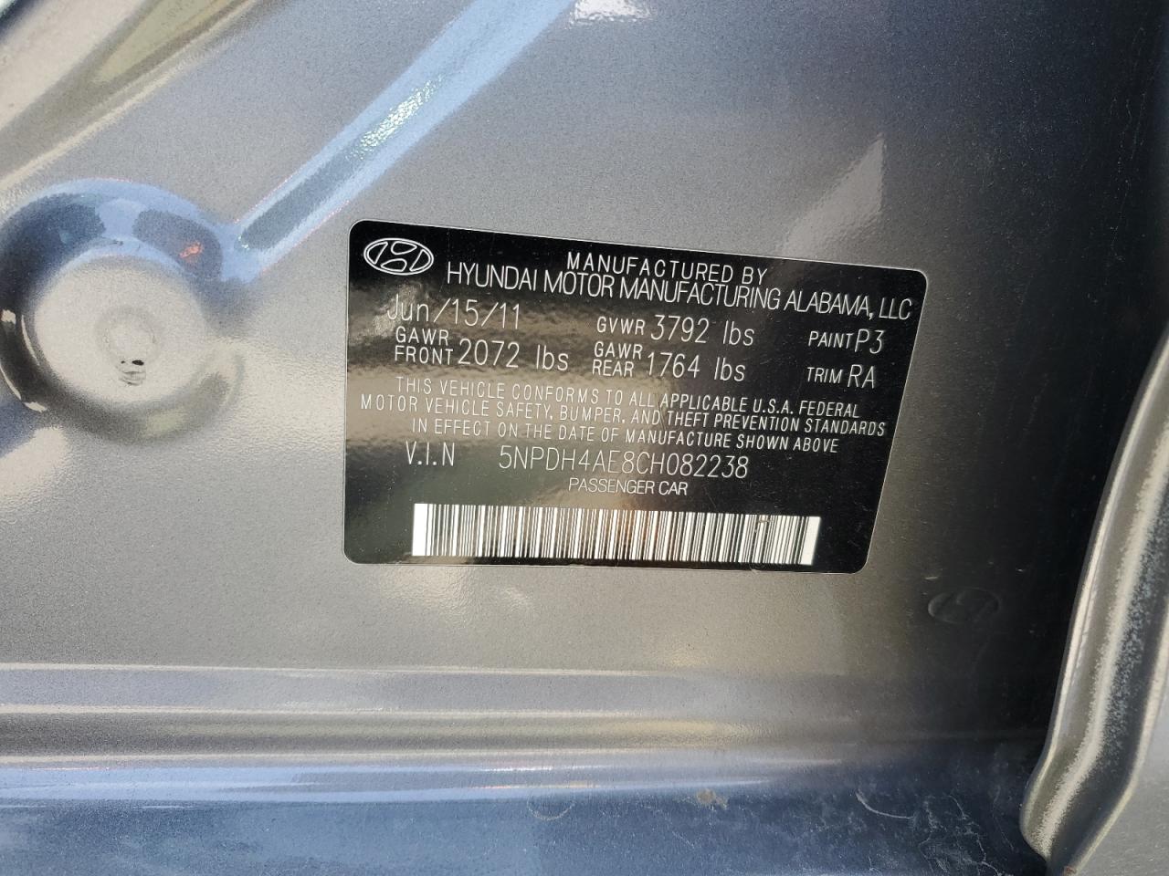 2012 Hyundai Elantra VIN 5NPDH4AE8CH082238 Copart auction photo, all over damage thumbnail 13