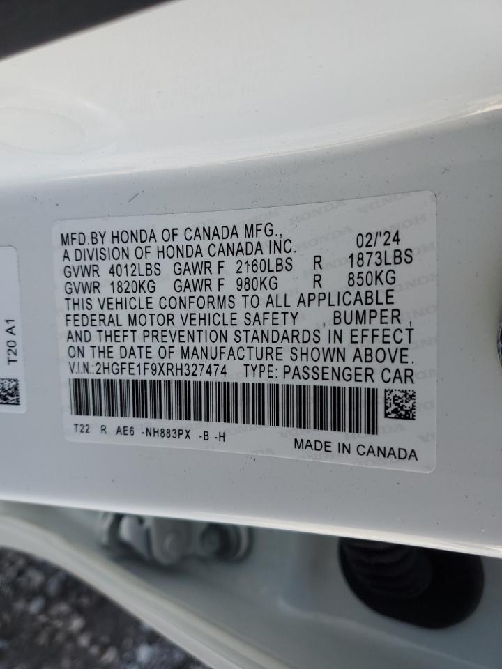 2024 Honda Civic VIN 2HGFE1F9XRH327474 Copart auction photo, front end damage thumbnail 14
