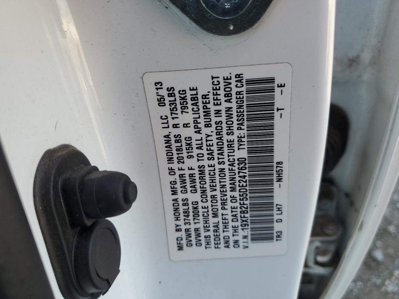 2013 Honda Civic VIN 19XFB2F55DE247630 Copart auction photo, front end / side damage thumbnail 12